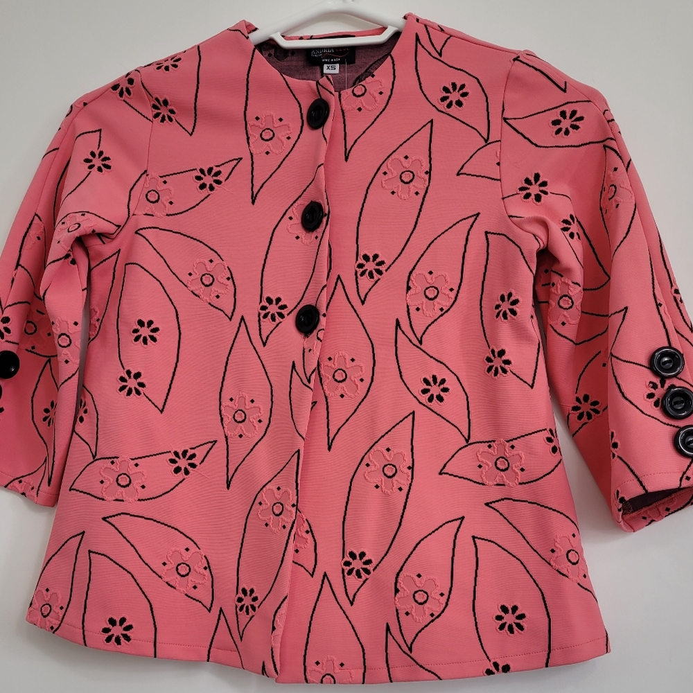 Andria Lieu collection womens pink jacket with black embroidered flowers XS